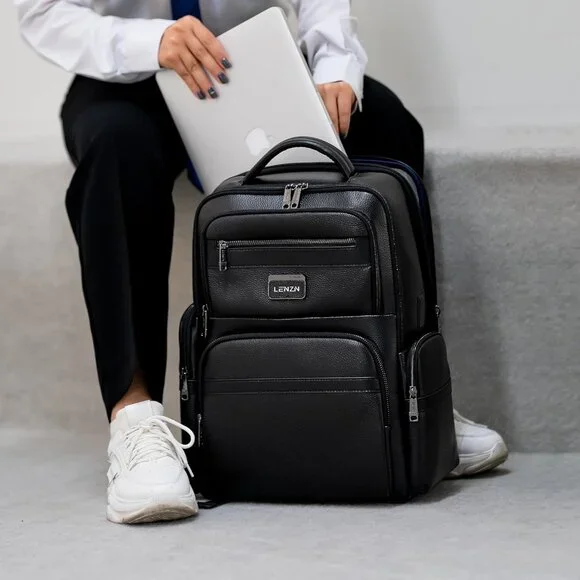LENZN Durable Leather Laptop Business Backpack - Picture 3 of 9
